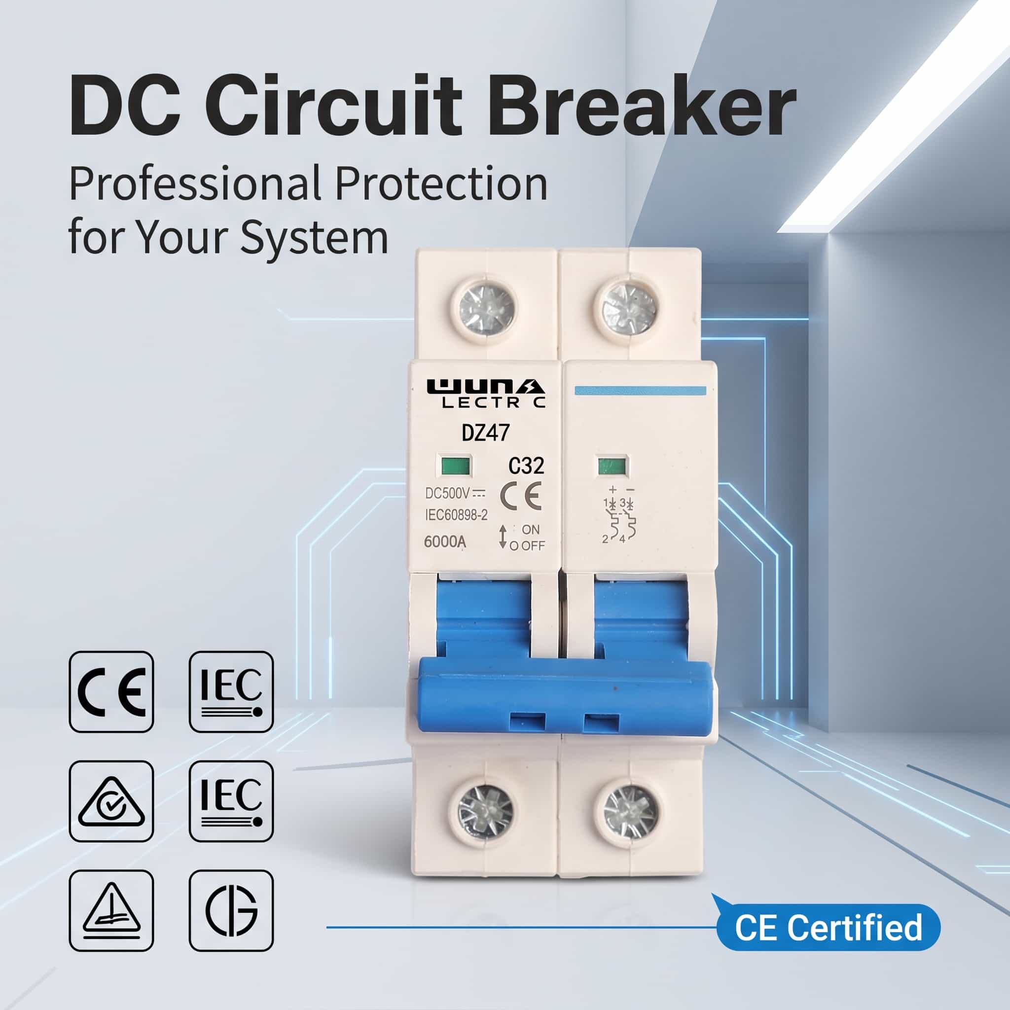 Pemutus Sirkuit Miniatur DC 2 Tiang DZ47 C32 500V